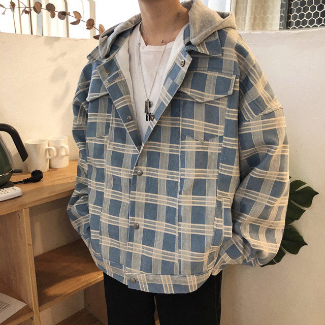19新作 メンズフード付きネルシャツ 韓国 オーバーサイズ 大きめ Uruuru7