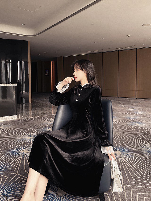 ロングワンピース シンプル 無地 チャイナドレス ベロア ベルベット バックジッパー 大きいサイズ 送料無料 レトロ 裾レース パフスリーブ 大人 パーティー Ys04 Fashion Mille