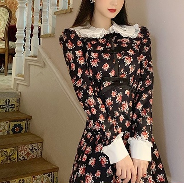 Vintage Flower フリル レース 襟 ミディアム ワンピース ロングスリーブ 長袖 リボン 花柄 ヴィンテージフラワー トレンド クラシカル エレガント お出かけ お呼ばれ 4547 Select Shop Etoile