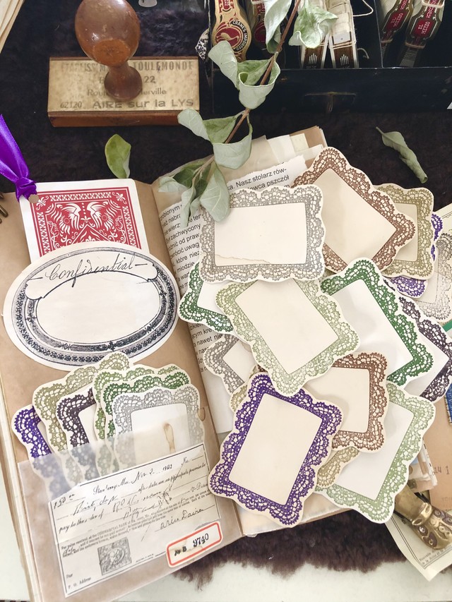 海外スタンプ コラージュ素材 シールセット レース枠アースカラー Smile Design R Y