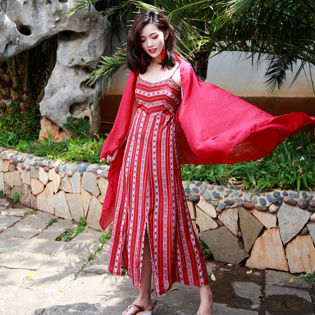 スリット エスニック風 柄 レトロ リゾート セクシー ノースリーブワンピース マキシ丈 ロング丈 フレア 売れ筋 人気 きれいめ カジュアル おしゃれ お出かけ こなれ感 春夏 Sugar Daystyle シュガーデイスタイル