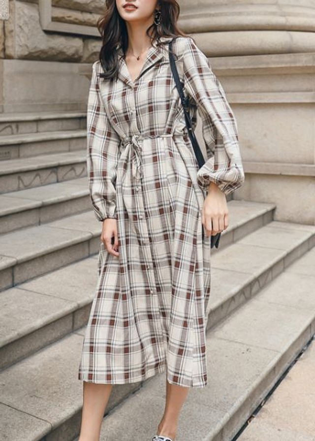シャツワンピース チェック ロングワンピース 春 長袖 韓国 ワンピース ドレス 激安 シャツワンピース ロング丈 Jm3090 Dress No Sato