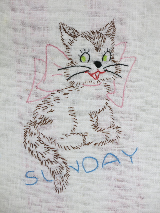 猫さんの刺繍キッチンクロス Sunday 50年代 アメリカ製 ハンドメイド 猫アンティーク雑貨 Weekendcats