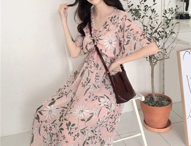 18夏 Vネック 花柄 ロング ワンピース 半袖 ベージュ ピンク レディース Aeka Clothet