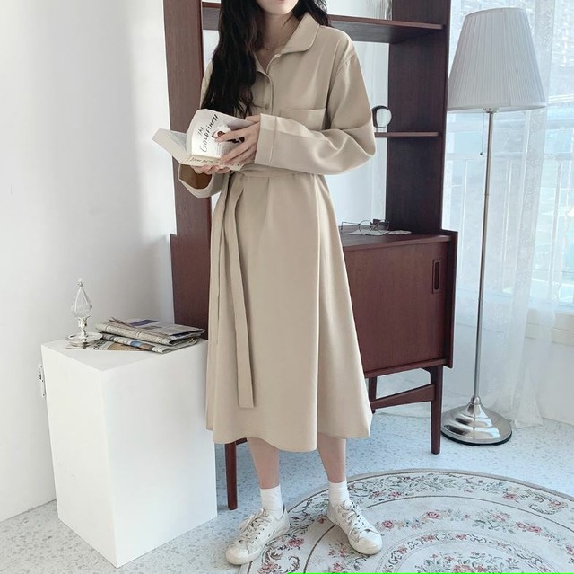 ワンピース シックな シャツワンピース 無地 ポロ衿 ロングワンピース 長袖 ルーズウエスト ロングフレアスカート ゆったり 大人 可愛い 着痩せ 体型カバー ふんわり 通勤 デート Lalas