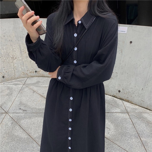 シャツワンピ ロング丈 病み可愛い Aライン 細見え 黒コーデ モード系 10代 代 原宿系 韓国 オルチャン 大人きれいな私を叶える Marriages