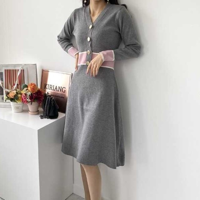 Vネック ニットワンピース 秋冬 レディース 韓国 ファッション ワンピース 秋服 レディース バイカラー ミモレ ワンピース カラーブロック ニット ボタン ワンピ オフィスカジュアル 上品 大人可愛い ワンピース オルチャン ファッション 韓国 Vestito