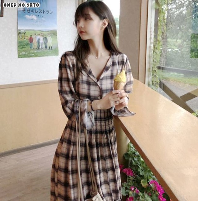 秋新作レディースワンピース ワンピ ワンピース チェック柄 可愛い Vネック 長袖 ひざ下丈 ワンピース 秋冬 Jm ワンピの里