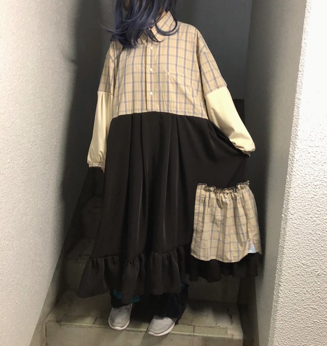 919 アメリカ古着 リメイク チェックシャツ ダークブラウンワンピース Garakuta Hanabi