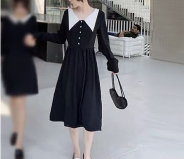 パーティードレス 10代 代 30代40代 ワンピース おしゃれ フォーマル バイカラー 七分袖 Vネック 無地 着やせ お洒落 およばれ Aライン 演奏会 Dress No Sato