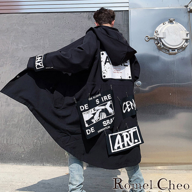 Romelcheo ポンチョストリートパーカー モッズパーカー アウター オーバーサイズ ゆったり フィッシュテール ロング丈 カジュアル モード パンク ロック ミリタリー Hiphop ストリート系 原宿系 韓国 ファッション ロメルチェオ Romelcheo