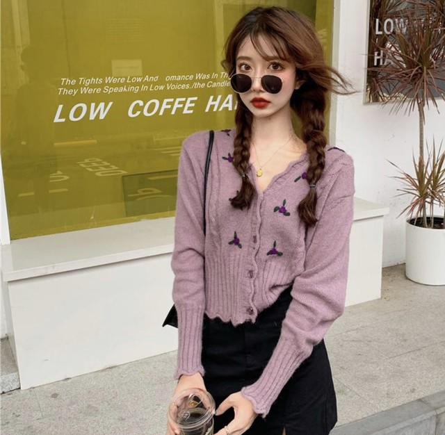 新作 韓国 花柄刺繍 ニット カーディガン 可愛い ニットカーディガン フリル Ririan 韓国ファッション 韓国雑貨 送料無料