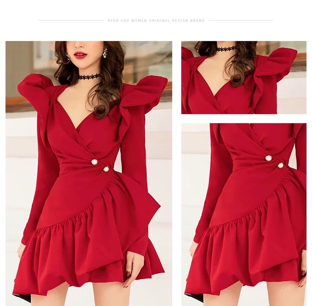 2カラー ブラック 黒 レッド 赤 ワンピース ドレス フレア ミニスカート Loveysmileshop