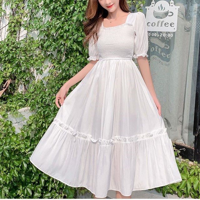 ティアードワンピース ミモレ丈 ロング 半袖 無地 スクエアネック シャーリング カジュアル ハイウエスト お出かけ デート 女子会 旅行 韓国 韓国ファッション オルチャン Fa031 Musubi Me 韓国 オルチャン レディースファッションのお店