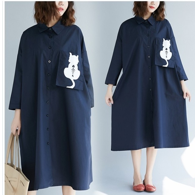 大きい サイズ レディース フォーマル ワンピース ねこ柄 シャツワンピース ロング マキンワンピース ワイドサイズ オーバー 大きいサイ Basecamp49