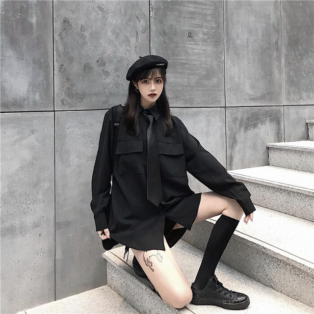 天使と悪魔 ゴスロリ 黒 シャツ ネクタイ 病み可愛い ゴシック 大人可愛い ストリート系 ゴシック 韓国 オルチャン 天使と悪魔 サブカル 系ファッション Seasonz