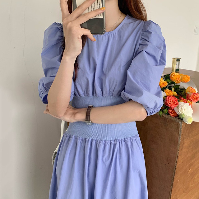 4色 ワンピース ロング丈 パフスリーブ ブルー グリーン ブラック ベージュ レディース ファッション 韓国 オルチャン Cocotown