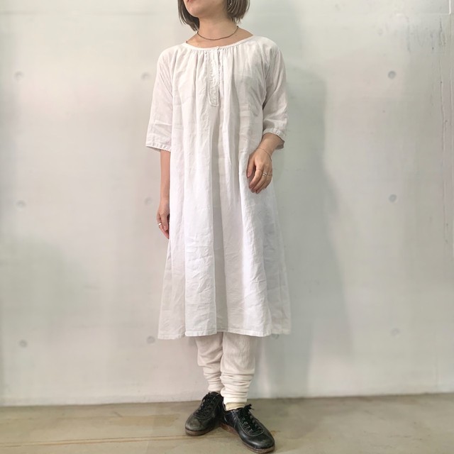 ヨーロッパ古着 France製 Antique リネン スモック ワンピース イニシャル刺繍 ピコレース Chupa