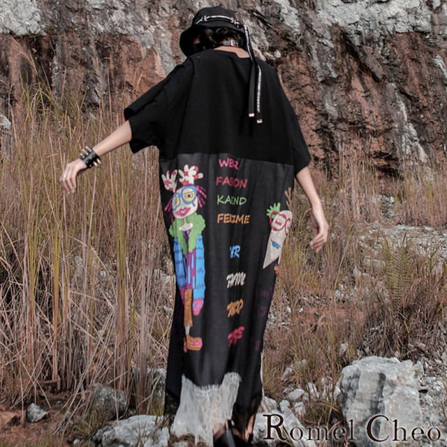 Romelcheo カラフルシャツワンピ ロングワンピース ゆったり 半袖 ロングtシャツ ストリート系 レース 涼しい 夏ワンピ 原宿系 モード系 サブカル ゆめかわ かわいい 青文字系 ファッション ロメルチェオ Romelcheo