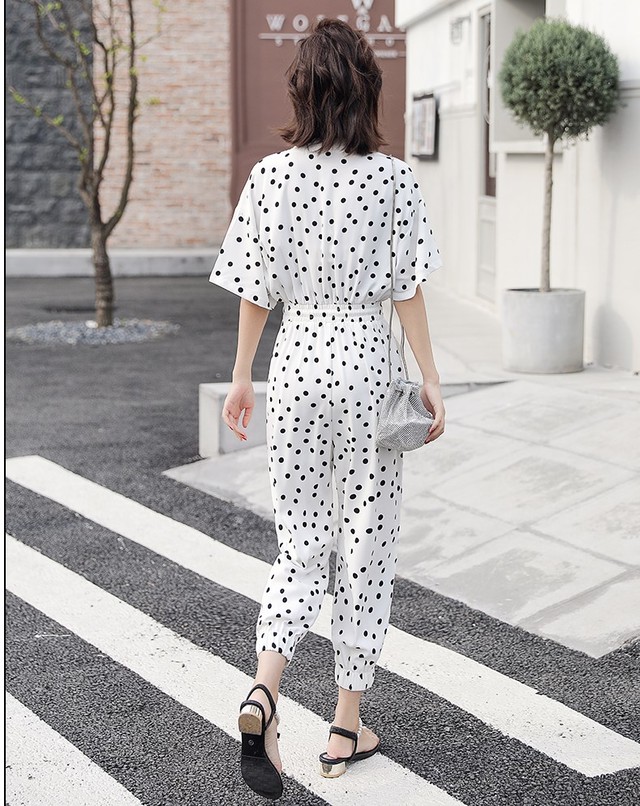 オールインワン ジャンプスーツ ロット 水玉 ロンパース 半袖 レトロ フェニミン 大人 春 夏 秋 おしゃれ ブラック ホワイト 通勤 通学 オフィス デート 女子会 代 30代 40代 At275 Sunny Place
