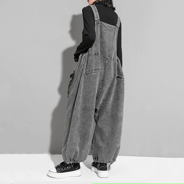 デニムオーバーオール ゆったり オールインワン サロペット ワイドデニム ワイドパンツ ボトムス セットアップ レディース フリーサイズ 原宿ファッション オーバーサイズ 春物 夏物 通年 激安セール Sale チベタンタイガーラグ チベット絨毯 古着屋