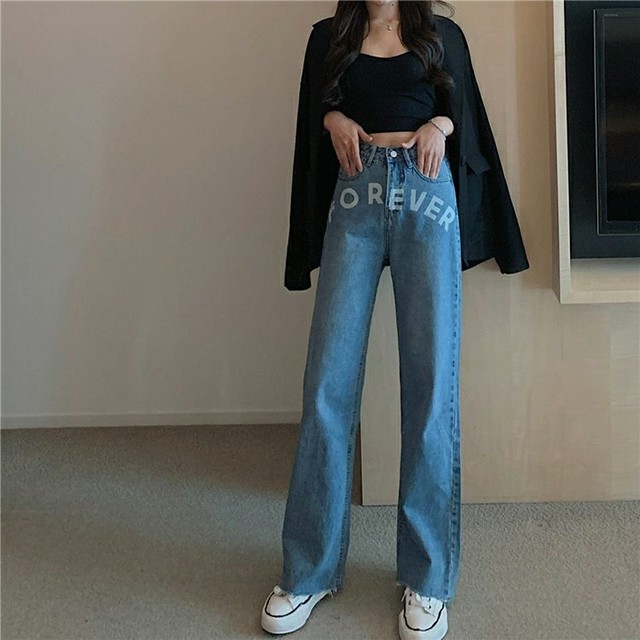 ウォッシュドレタープリントジーンズレディース夏ハイウエストゆるくて細いワイドレッグパンツドラッグパンツ ハイウェスト サマー 夏物 ワイドパンツ The Empress Chaos