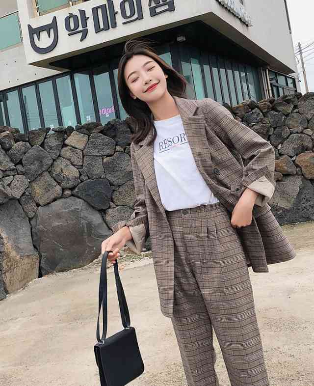 セットアップ レディース セットアップ ニット秋冬 パンツ ドレス スーツ セット ワイドパンツ 大きいサイズ アンクル丈 痩せて見える 他と被らない お出かけ ゆったり ゆるい ルーズ トレンド シンプル チェック グレンチェック 通勤 Ol Tresor