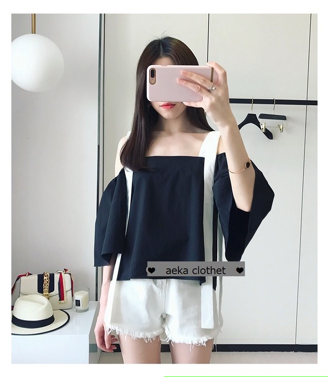 夏新作 バイカラー オフショルダー カットソー ボリューム袖 トップス レディース フェミニン 夏服 韓国 ファッション B0025 Aeka Clothet