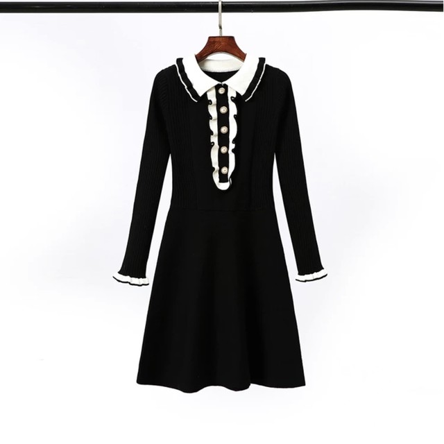 Onepiece 韓国風フリル付ブラックニットワンピース Eclatloulou