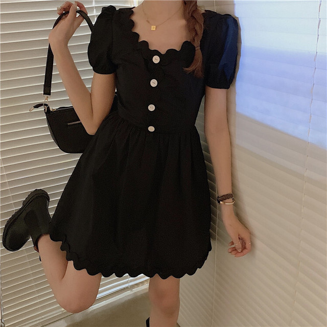 ガーリーワンピ ワンピース ガーリー 可愛い 膝丈 ふんわりワンピ ブラック デート 女子会 韓国 オルチャン 韓国レディースファッション通販 ポワン