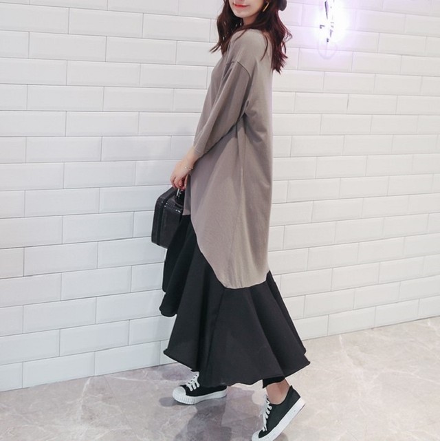 ロングワンピース フィッシュテール Vネック 7分袖 ゆったり カジュアル シンプル レトロ お出かけ リゾート デイリー 普段着 夏 Like Fashion