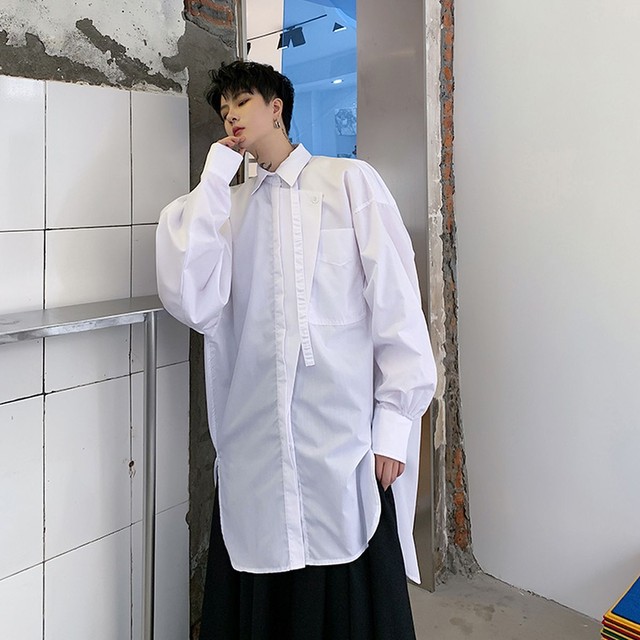 ロングテール 長袖 シャツ ロングスリーブ イレギュラープラケット サイドスリット メンズ ユニセックス レディース ホワイト 白 ブラック 黒 お支払い後日以内に発送 Top095 Garcons