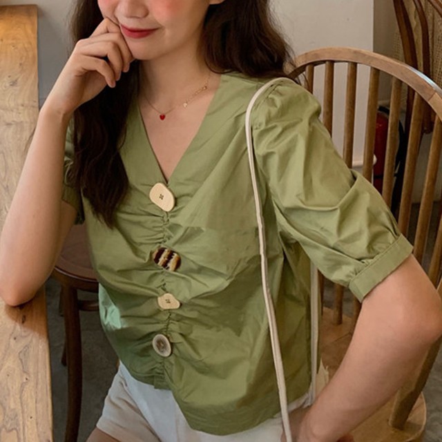 Vネック ブラウス パフスリーブ 半袖 ブラウス トップス レディース 夏 きれいめ レディース 韓国ファッション 直輸入通販 セクシーワンピース クールカジュアル 全品送料無料 Ukky Franky