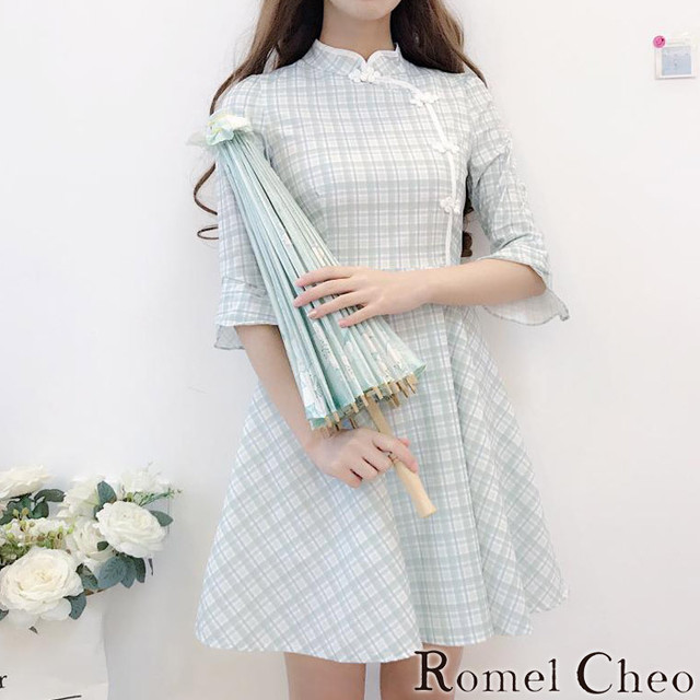 Romelcheo チェック柄ミニワンピ チャイナボタン フレア 膝上丈 レディース 半袖 チャイナドレス チャイナ服 夏ワンピ 原宿系 ゆめかわ ロリータ 青文字系 ファッション ロメルチェオ Romelcheo