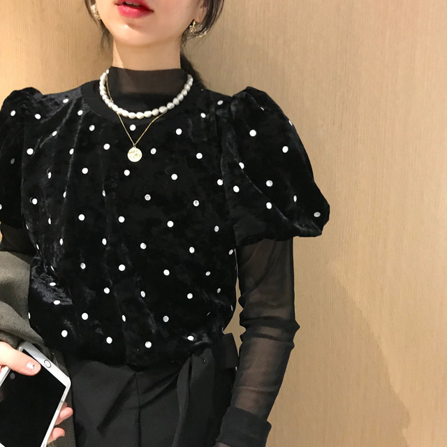 レディース セットアップ 春 秋 冬 トップス レイヤード ブラウス タートルネック シースルー ドット パフスリーブ 長袖 セットアップ ブラウス ガーリー シンプル カジュアル おしゃれ 大人可愛い お出かけ デート 通勤 通学 学生 キャンパス 旅行 女子会 パーティ