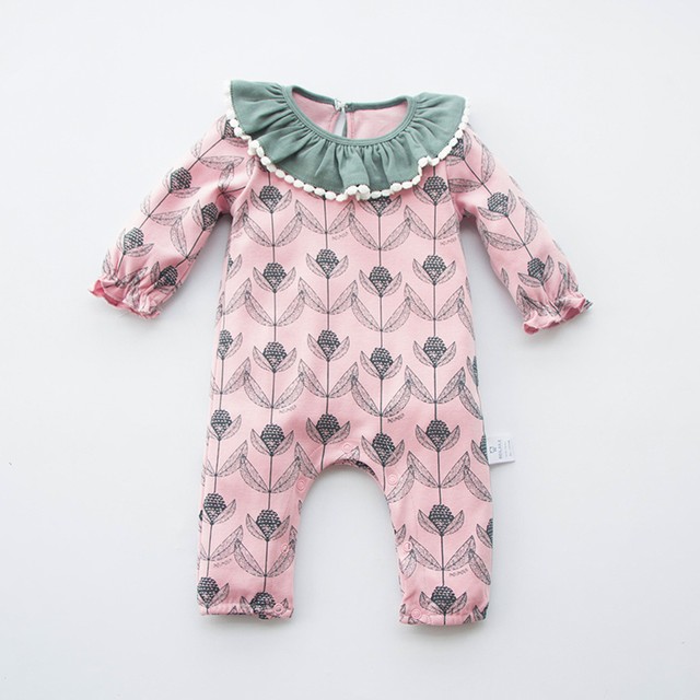 大人気 北欧風 柄 ポンポン付き ロンパース カバーオール 長袖 春 秋 襟付き 花柄 ベビー 赤ちゃん 女の子 新生児 Maokico ベビー服とママ服のお店
