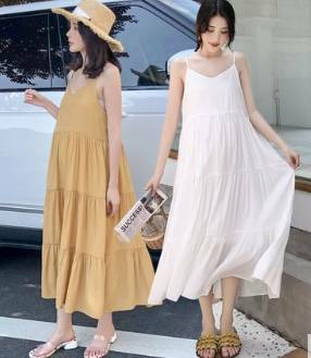 ワンピース レディース フリルワンピース マタニティワンピース ロング丈 シンプル ゆったり キャミソール Happy Toon