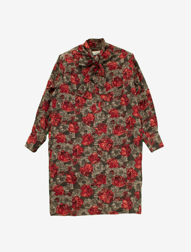 Jun Ashida ジュンアシダ シルク ローズ柄 シルク 長袖 シャツワンピース Pomps