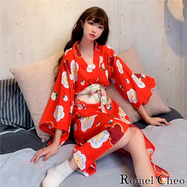 お支払確認後日以内発送 Romelcheo 和花 浴衣 簡易帯 花柄 和柄 梅柄 プリント 赤 朱色 ゆかた レディース ティーンズ 女物 女性用 婦人用 和服 寝間着 部屋着 ルームウェア パジャマ かわいい 帯付き 夏祭り レトロ ロメルチェオ Romelcheo