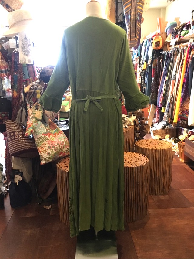 ワンピース 刺繍 七分袖 マキシ丈ワンピース アジアンワンピース チュニック ロングスカート エスニックファッション アジアンファッション グリーン アジアン雑貨no 245 アジアン雑貨 Asian Mrk