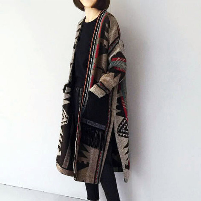 個性派 ネイティブ柄 ロング丈 カーディガン アウター 羽織り ロングコート マキシ丈 古着 ニット 秋冬 Ptnym2666 Shop Suba