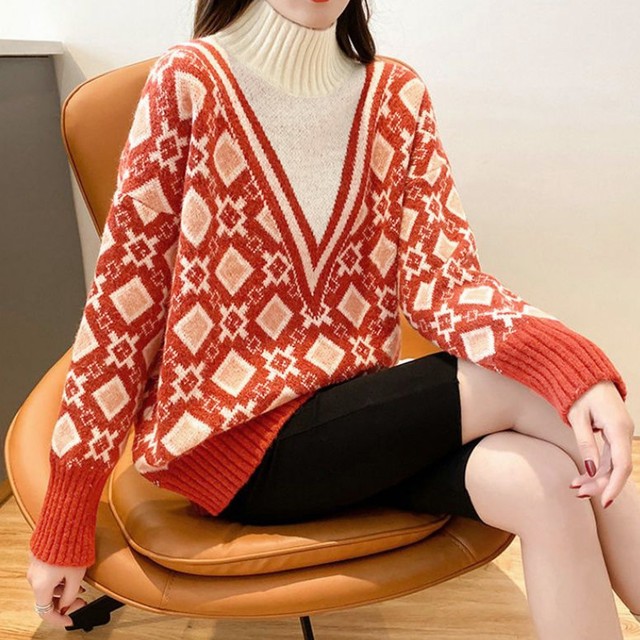 1週間以内発送可 エスニック レディース セーター アーガイル柄ニット長袖 おしゃれ かわいい Sunrise0911