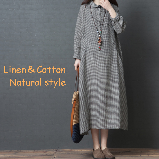 M ギンガムチェック レディース ワンピース リネンワンピース ナチュラル ロング コットン ワンピ ブラック 春夏 長袖 大人かわいい 麻混 シャツ ワンピ フレアスカート 体型カバー マタニティウエア にも Kgab 461upk3 Afk Shop