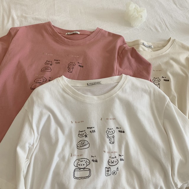 〈カフェシリーズ〉ねこの1日ラウンドネックT【cat dairy round neck t-shirt】