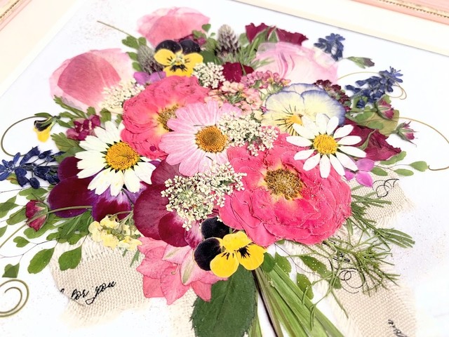 母の日 やインテリアにもピッタリ おしゃれな花束押し花額002 Kobeyuka