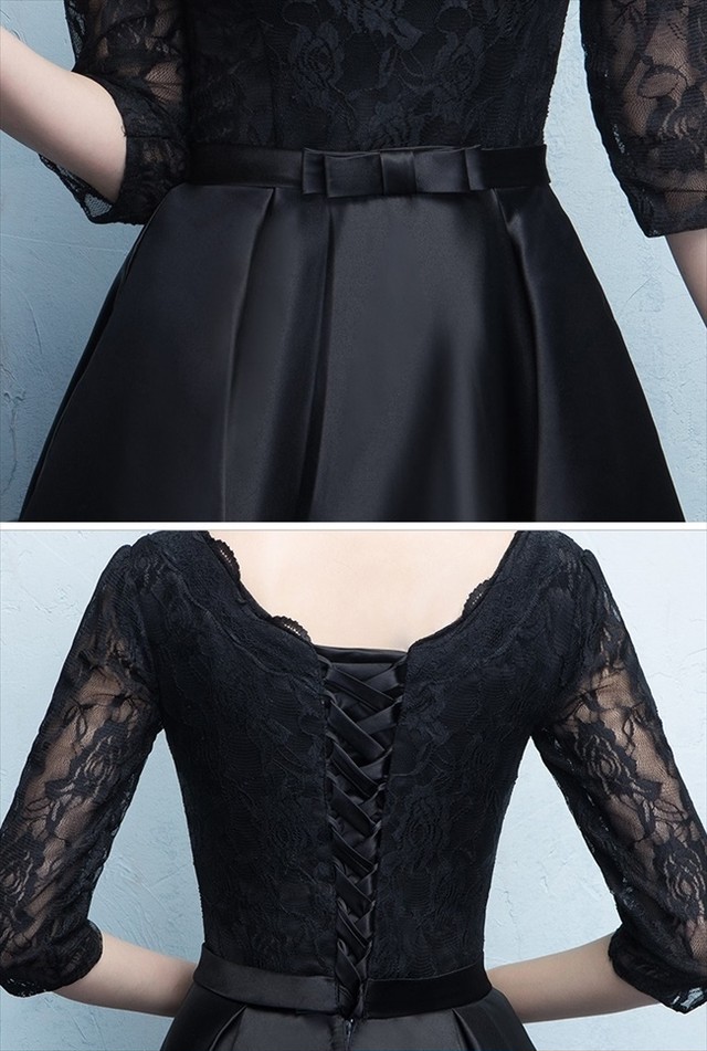 国内即納 即日配送 パーティードレス ブラック 黒 レース 編み上げ シースルー リボン 五分袖 ミモレ丈 ワンピース ワンピ フォーマル ミニドレス カラードレス セレモニー 代 30代 ドレス 二次会 花嫁 演奏会 お呼ばれ 結婚式 ゲストドレス Aライン レディース 服