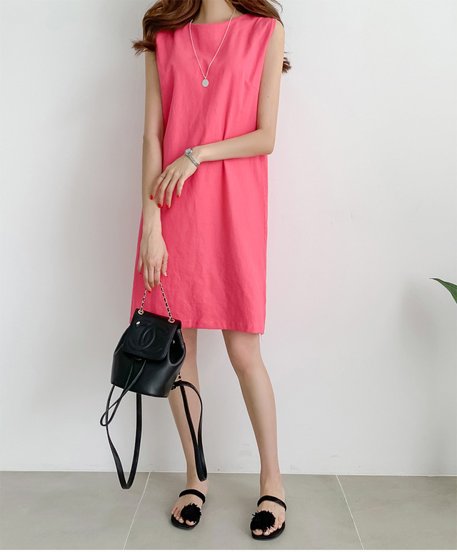 コットンリネン ノースリーブ ワンピース Iライン 膝丈 ラウンドネック ミニワンピース 無地 コーラルピンク 黒 シンプル カジュアル エレガント お出かけ リゾート 海 夏 Crystalhk