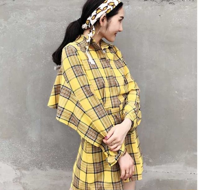 ヴィンテージ風 背中見せ トップス オールインワン レディース パンツ チェック柄 チェックシャツ シャツ エレガント アメリカン カジュアル 長袖 ショート丈 ルーズシルエット 韓国 オルチャン 韓国ファッション 新作 春夏 春 夏 2colors Ut 495 Musubi Me 韓国