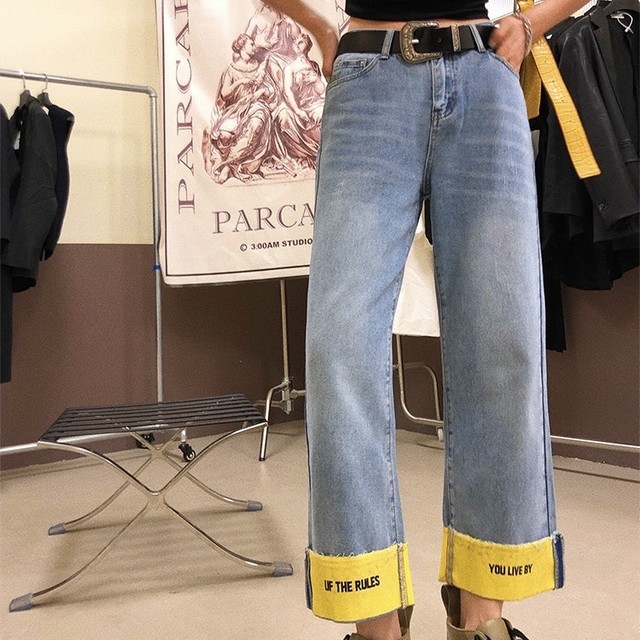 yellow hem denim pants