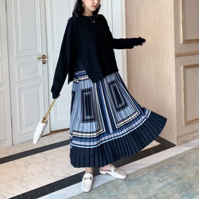 ワンピース ワンピ ドッキングワンピ レディース ロング丈 マキシ丈 秋冬 ニットワンピース レディース ロング丈 プリーツスカート ドッキングワンピース 大きいサイズ 長袖 K0917 Shopmall To You